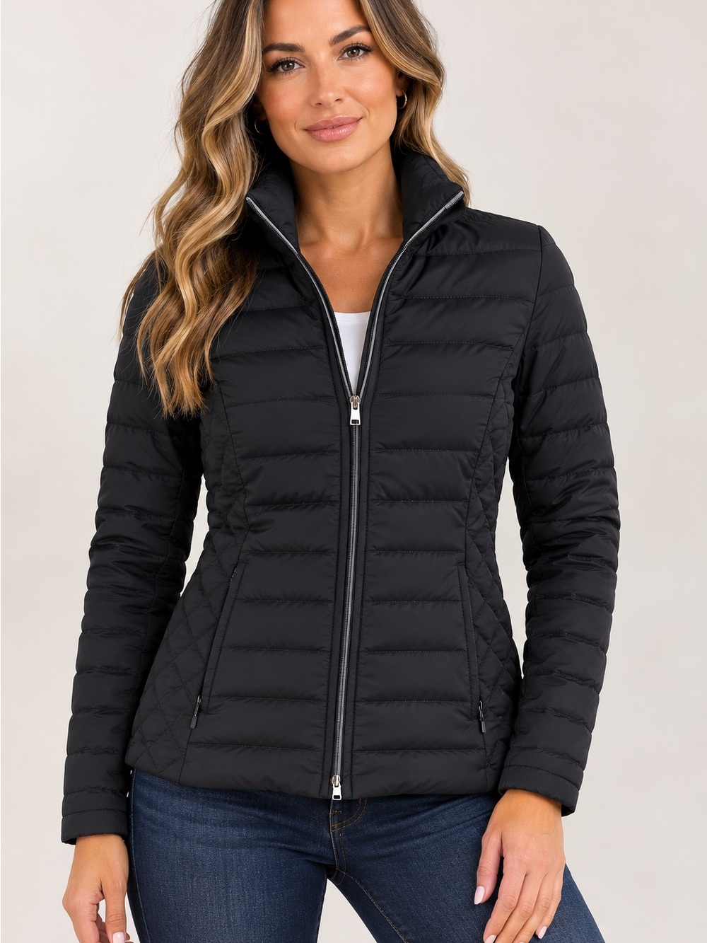 Express Women’s Black Quilted Puffer Jacket Reflective Zip Lightweight Size Sm